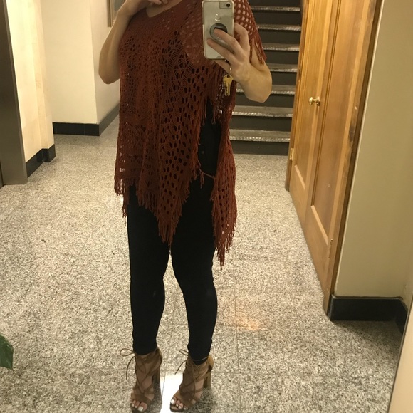 Rusty Orange Crochet Shawl with Fringe - Picture 8 of 8